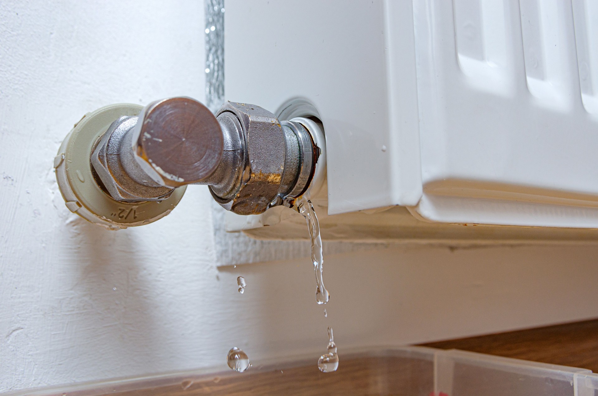 Leaking heating radiator at home.